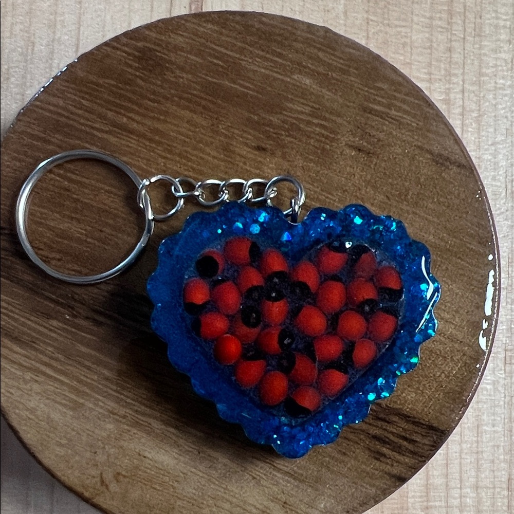 Blue Heart Keychain with Red Beads